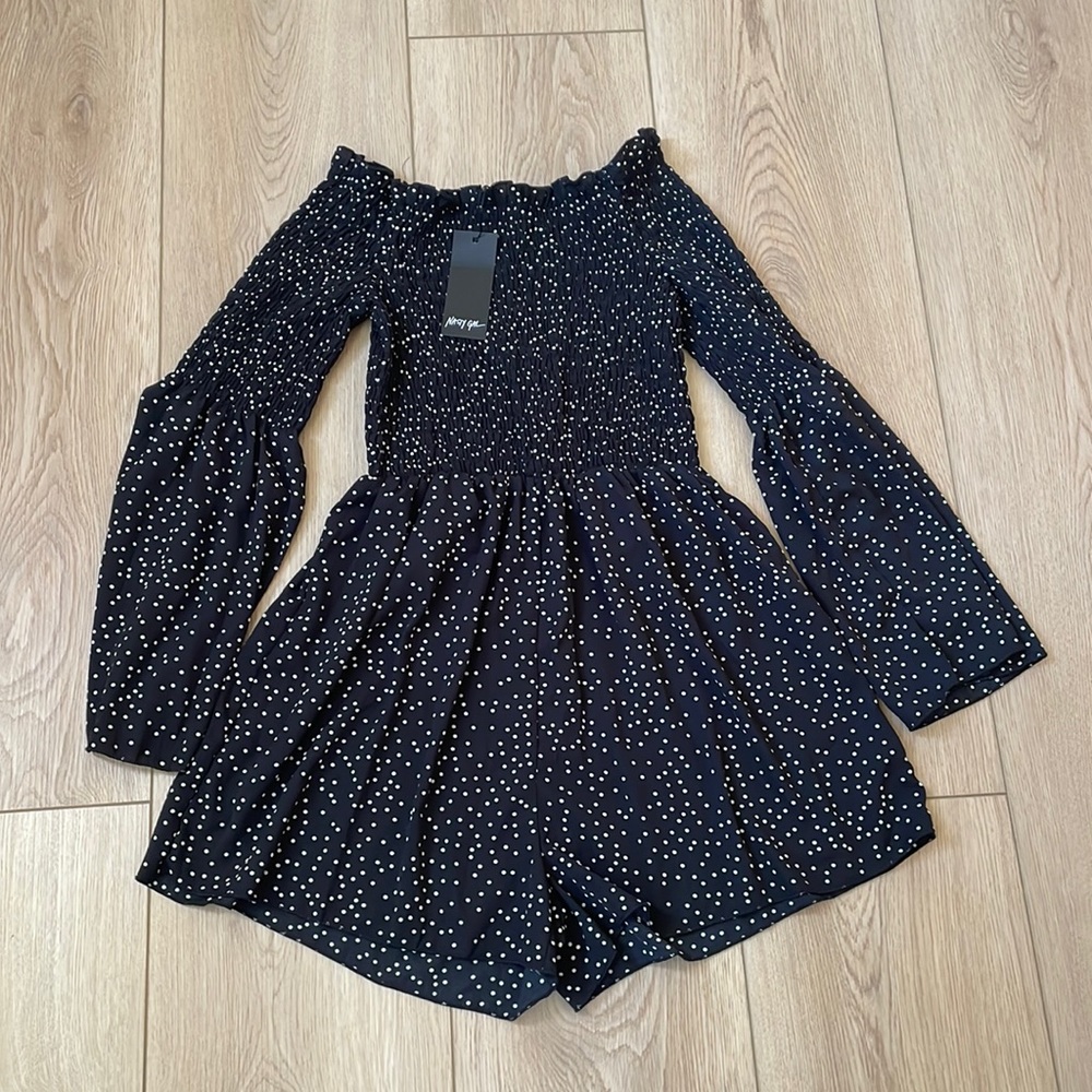 Nasty Gal Black, Polka Dot Shirred Berdot Playsuit Off Shoulder, Size US 8